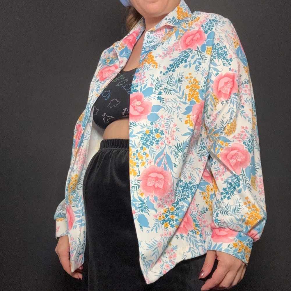 Vtg 70s Prairie Romance Floral Top Buttons Vibrant Pastel Dopamine Maximalist M - Picture 4 of 11